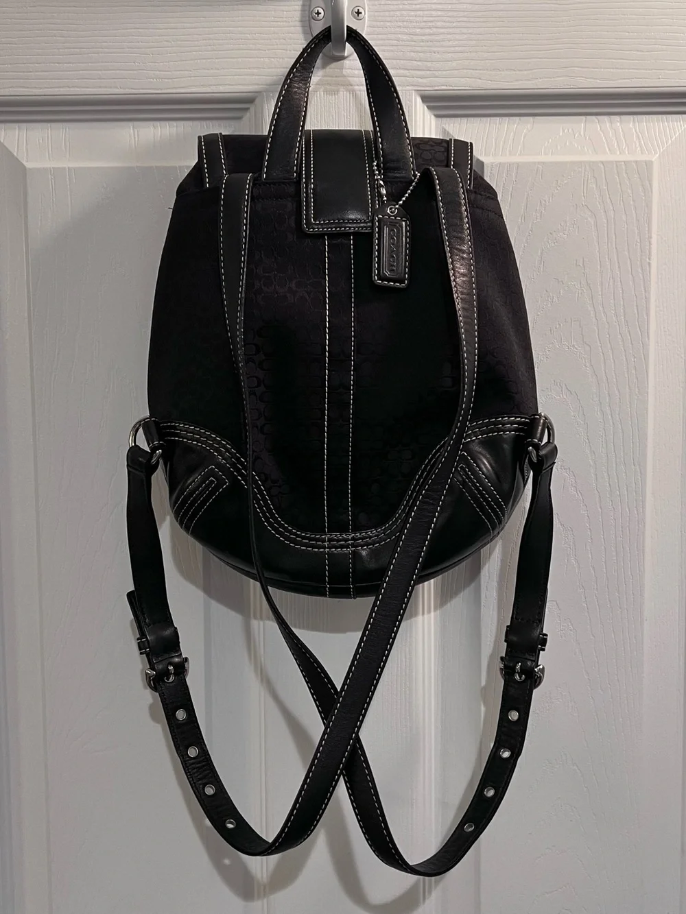 Coach Black Logo-Print Canvas & Leather Backpack with Silver Hardware
